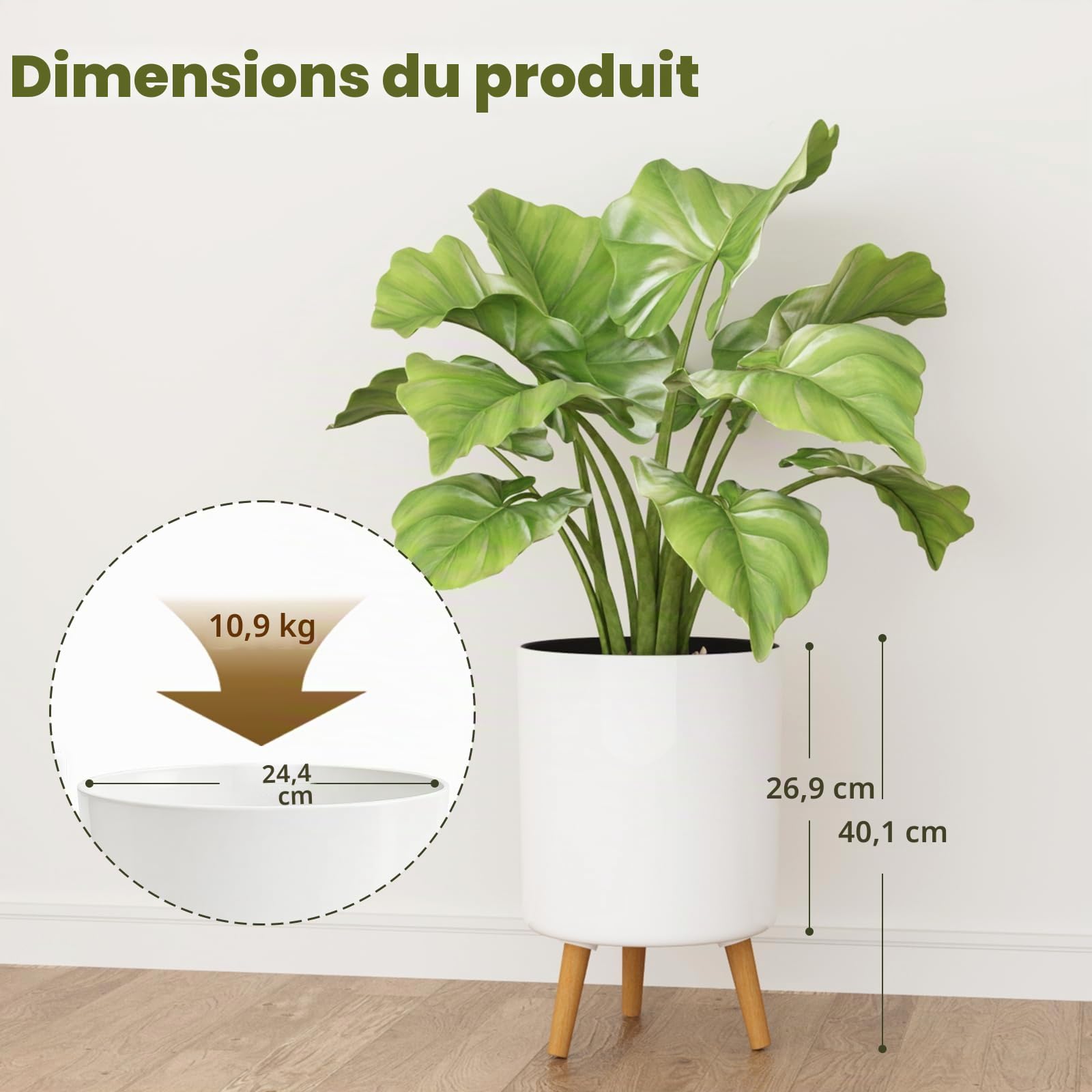 Bamworld Pots de Fleurs d'intérieur avec Support de Plantes 24,4 cm à arrosage Automatique avec Pieds en Bois Amovibles et indicateur de Niveau d'eau, Pot de Fleurs Moderne avec Pot intérieur