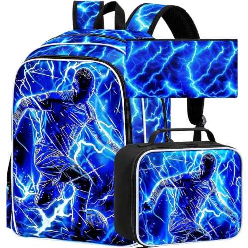 Image of 3Pcs Soccer Backpack for Boys, Lightning Kids Bookbag with Lunch Box, 17 inch School Backpacks for Elementary Preschool Kindergarten (Blue)
