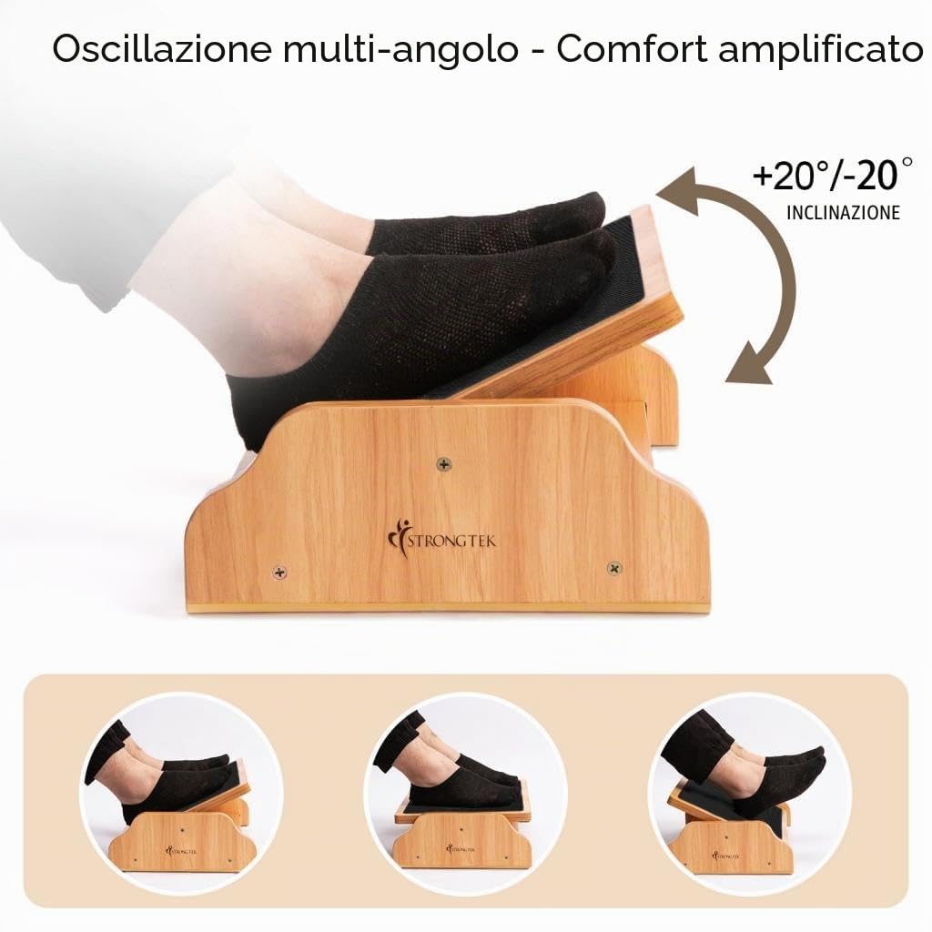StrongTek Poggiapiedi in Legno Sottoscrivania Basculante 30° | Sgabello oscillante ergonomico con angolo di inclinazione di 30 gradi e superficie antiscivolo per casa e ufficio