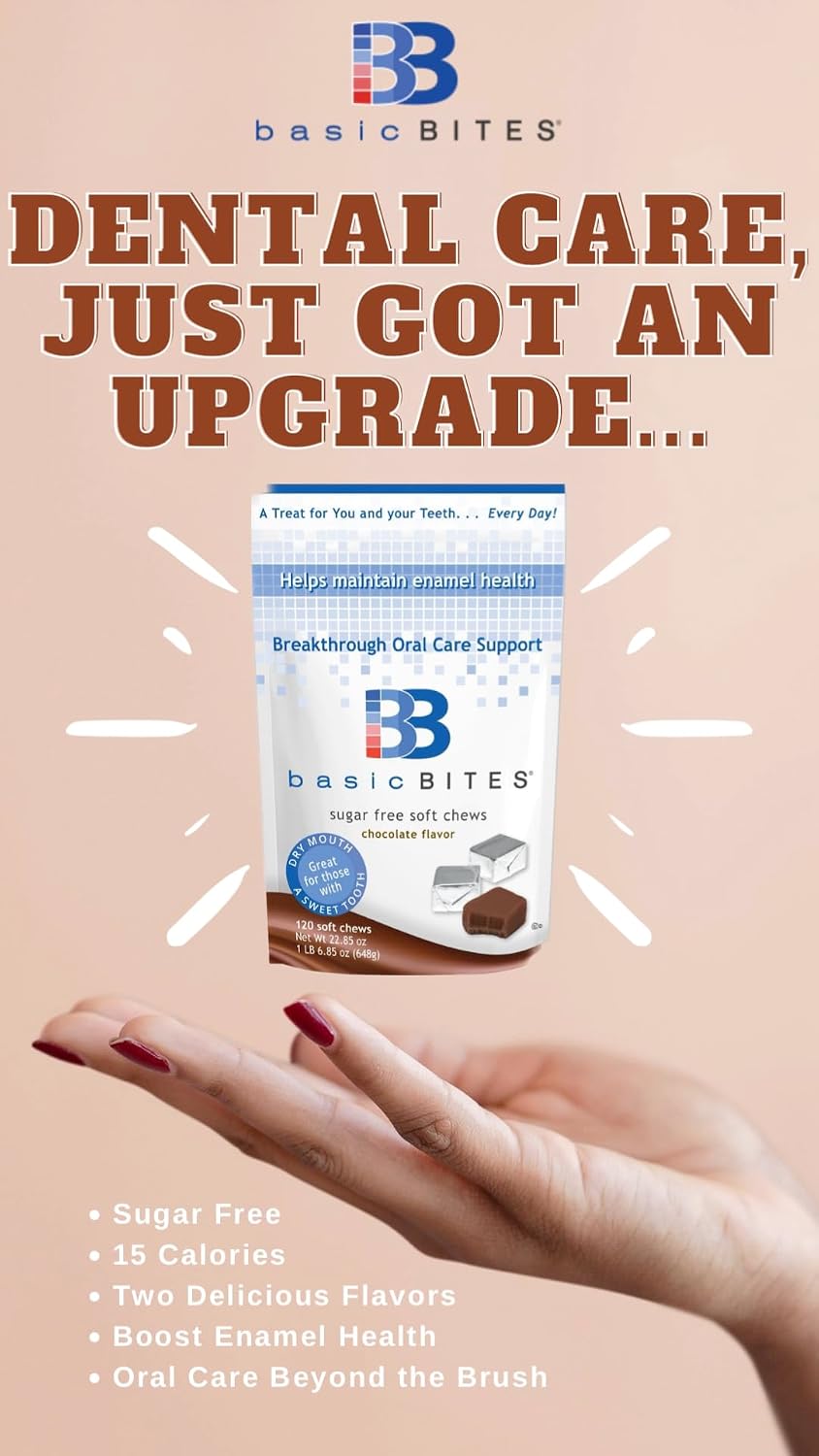 BasicBites Protect Teeth From Dry Mouth, Counteract Sugar Acids, Enrich Enamel, Dental School Technology, Delicious Sugar-Free Soft Chews (Chocolate 120 Count-Two Month Supply)
