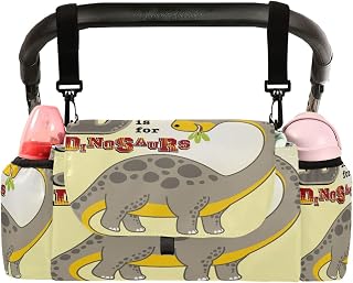 CUPADA Universal Baby Stroller Organizer Bag D Letter Is for Dinosaurs, Stroller Organizers with Insulated Cup Holders Dino Cartoon Detachable Shoulder Strap Storage Carrying Diaper and Snacks