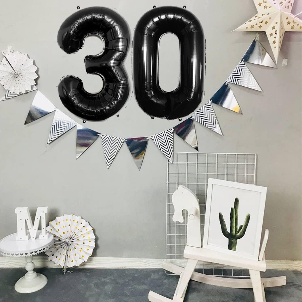 30th Birthday Party Decorations Set for Girl Boy Women Men Black HAPPY BIRTHDAY Letter Banner Silver Sparkly Glitter Traingle Banner Confetti Latex Balloons with Black Giant Number 30 Balloon - Image 2