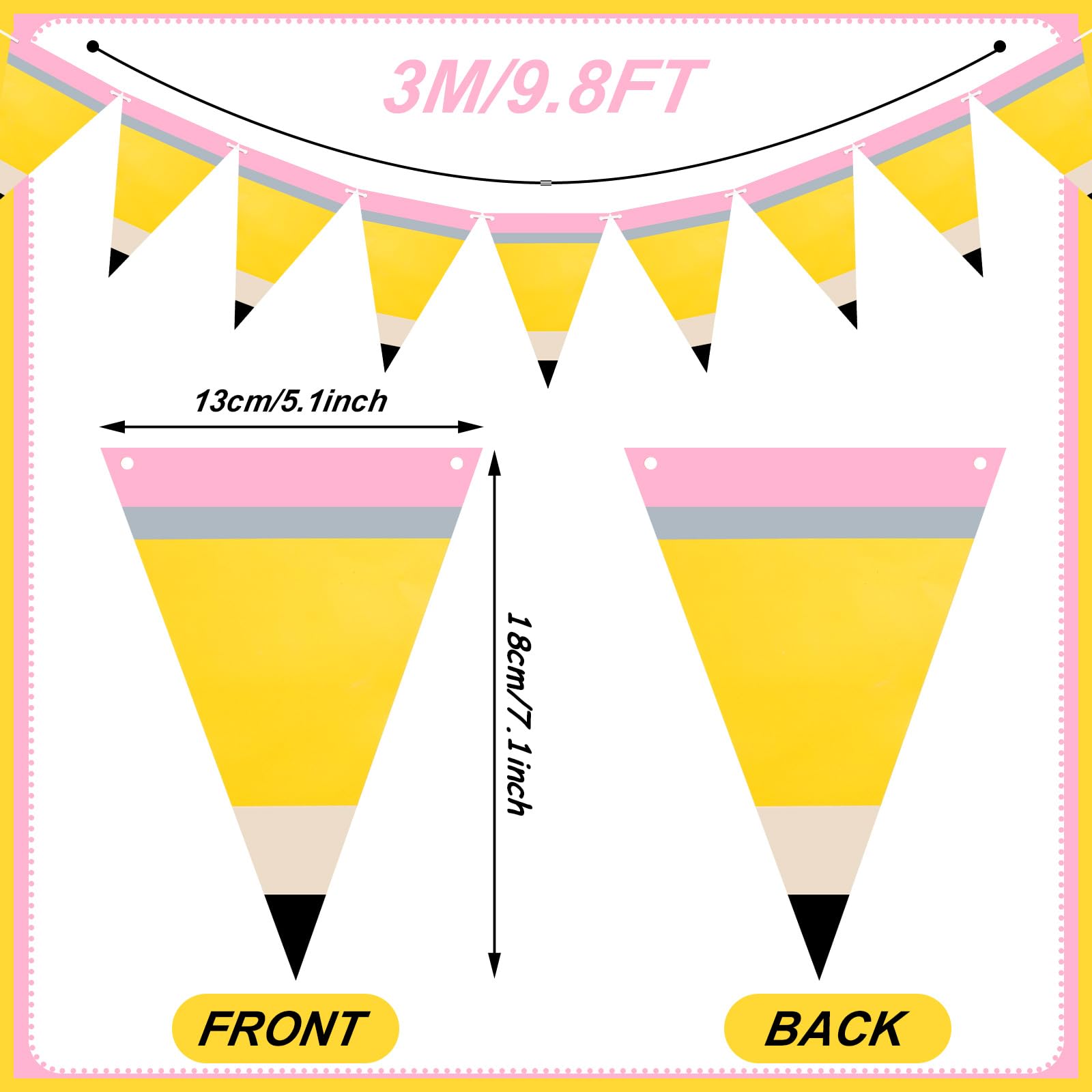 Banderines de papel con forma de lápiz, banderas triangulares con impresión de doble cara, bandera de papel triangular para decoración escolar, fiesta, decoración de aula colgante