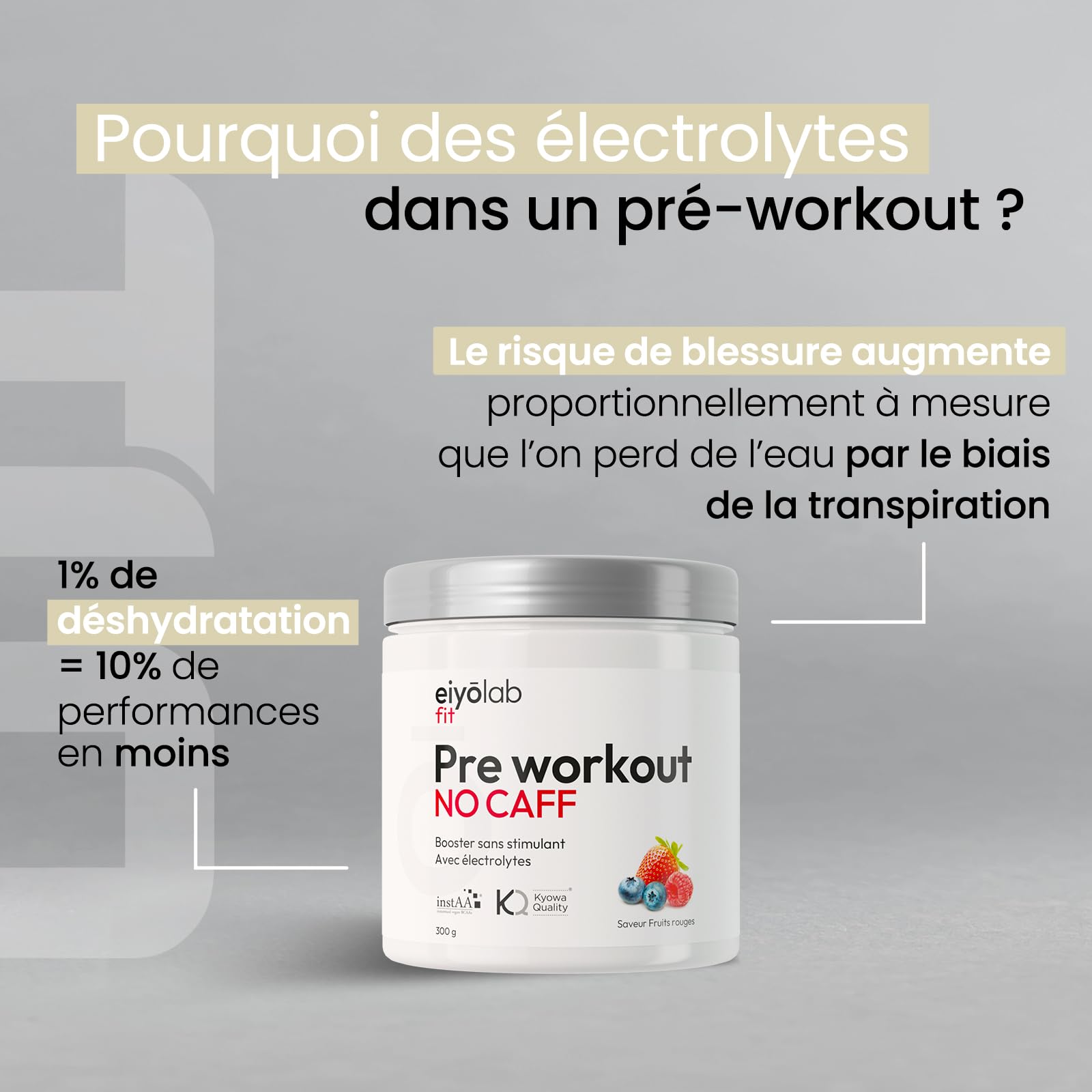 Pre Workout sans Caféine ni Créatine | Citrulline Kyowa et BCAA instantanés | Électrolytes pour Hydratation Optimale | L-Arginine + Bêta Alanine & Taurine | 300g de Poudre Fruits Rouges | Eiyolab