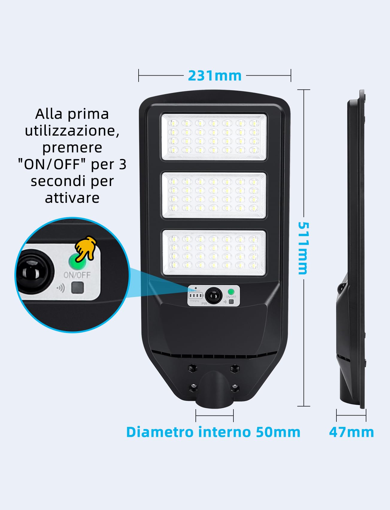 Aigostar - 150W Lampione Solare da Esterno con Sensore di Movimento, Telecomando, Impermeabile IP65, 1500LM Luce Fredda 6500K, Lampioni Solari LED per Giardino, Cortile, Strada (Non Include il Palo)