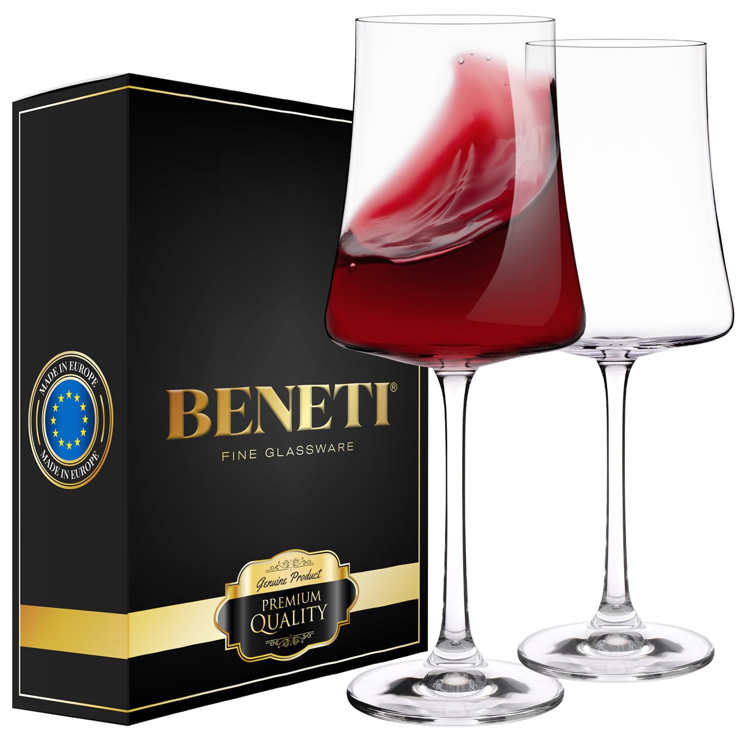 BENETI Exquisite Wine Glasses Set of 2 | Handmade In Europe | 15oz Premium Crystal Red & White Long Stem Wine Glass Set with Unique Modern Shape, Excellent Gift for Men or Women, Holidays & Birthdays
