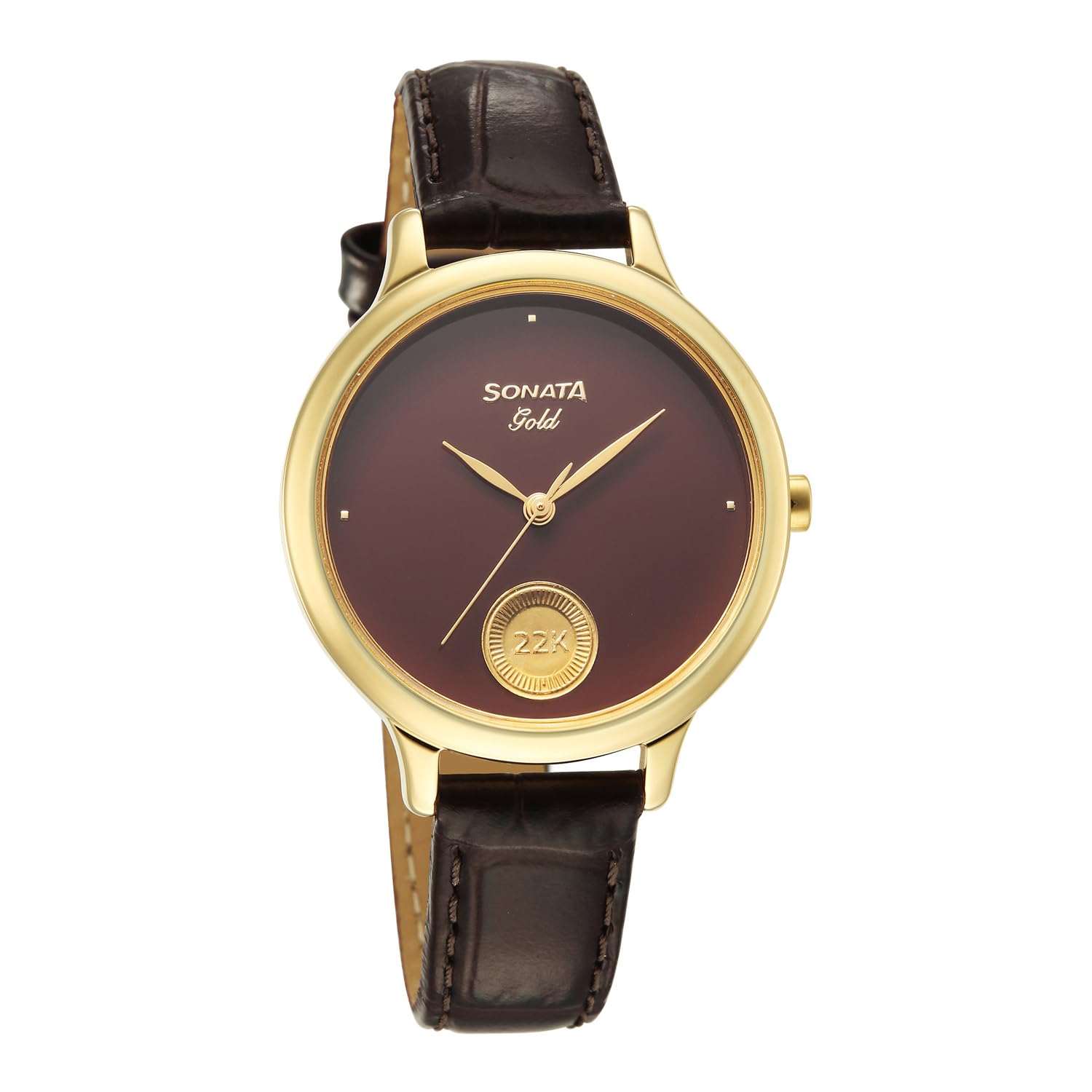 Sonata Gold with Quartz Analog Regal Maroon Dial with 0.15 Gm 22 Karat Tanishq Gold Coin On Dial Brown Leather Strap Watch for Women - 8190YL03-image-27
