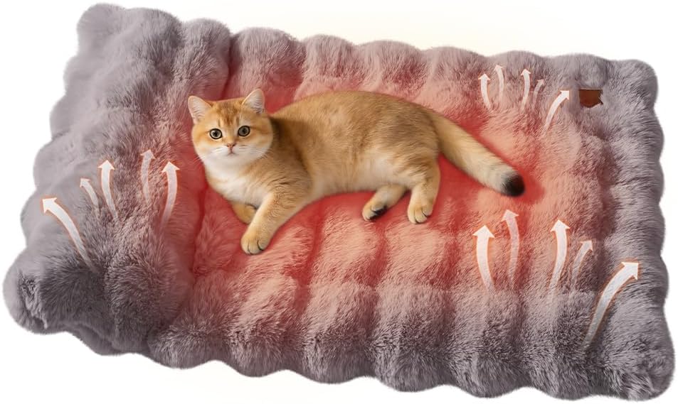 Plush Faux Fur Pet Bed Mat with Non-Slip Bottom, Self-Warming Cat Bed, Washable Pet Bed with Pillow for Cats & Medium Dogs, Machine Washable, 27x20 Inch, Grey