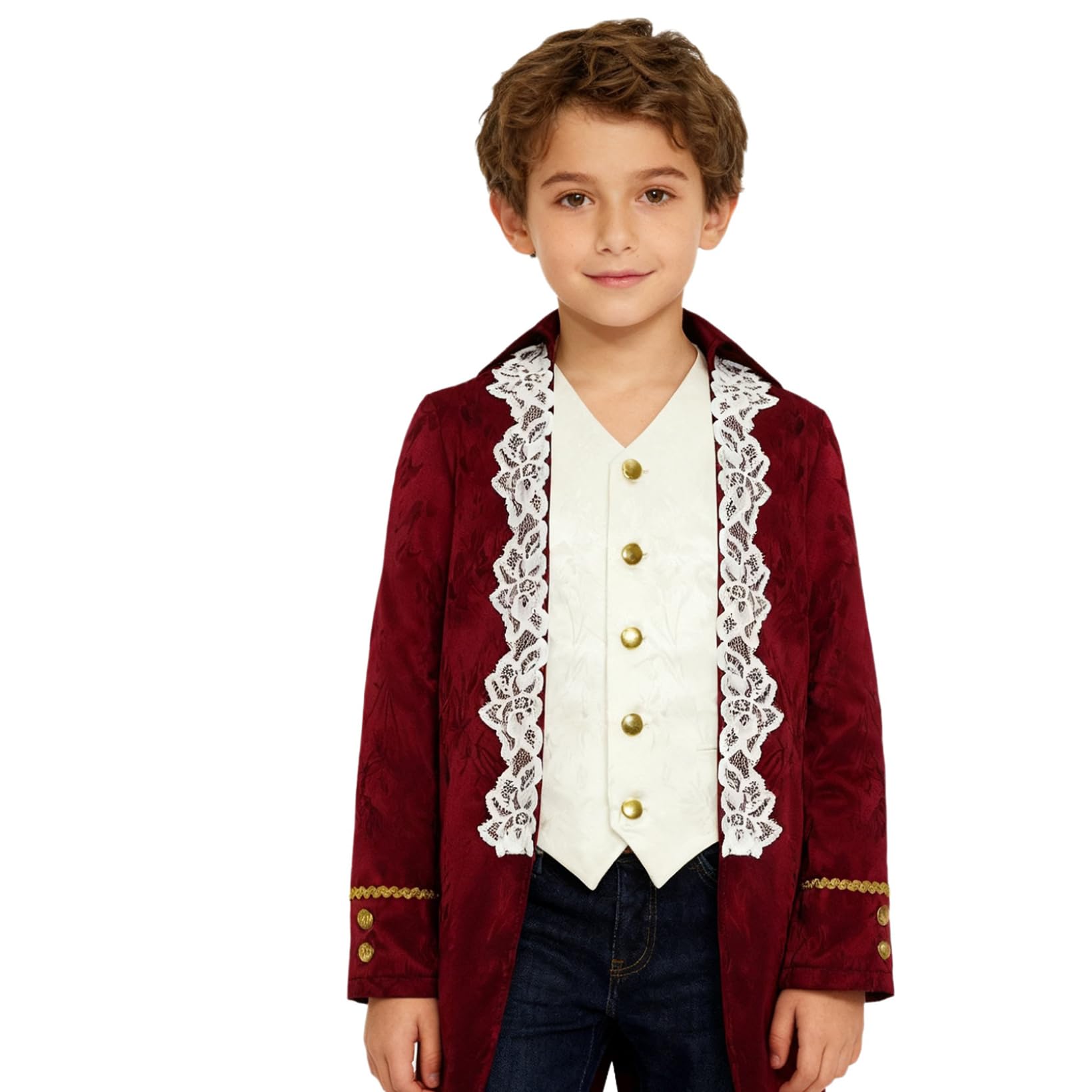 Hansber Boys Medieval Renaissance Victorian Jacket 19th Century Attire Gothic Punk Medieval Pirate Cosplay Costume Burgundy 7-8 Years — image 1