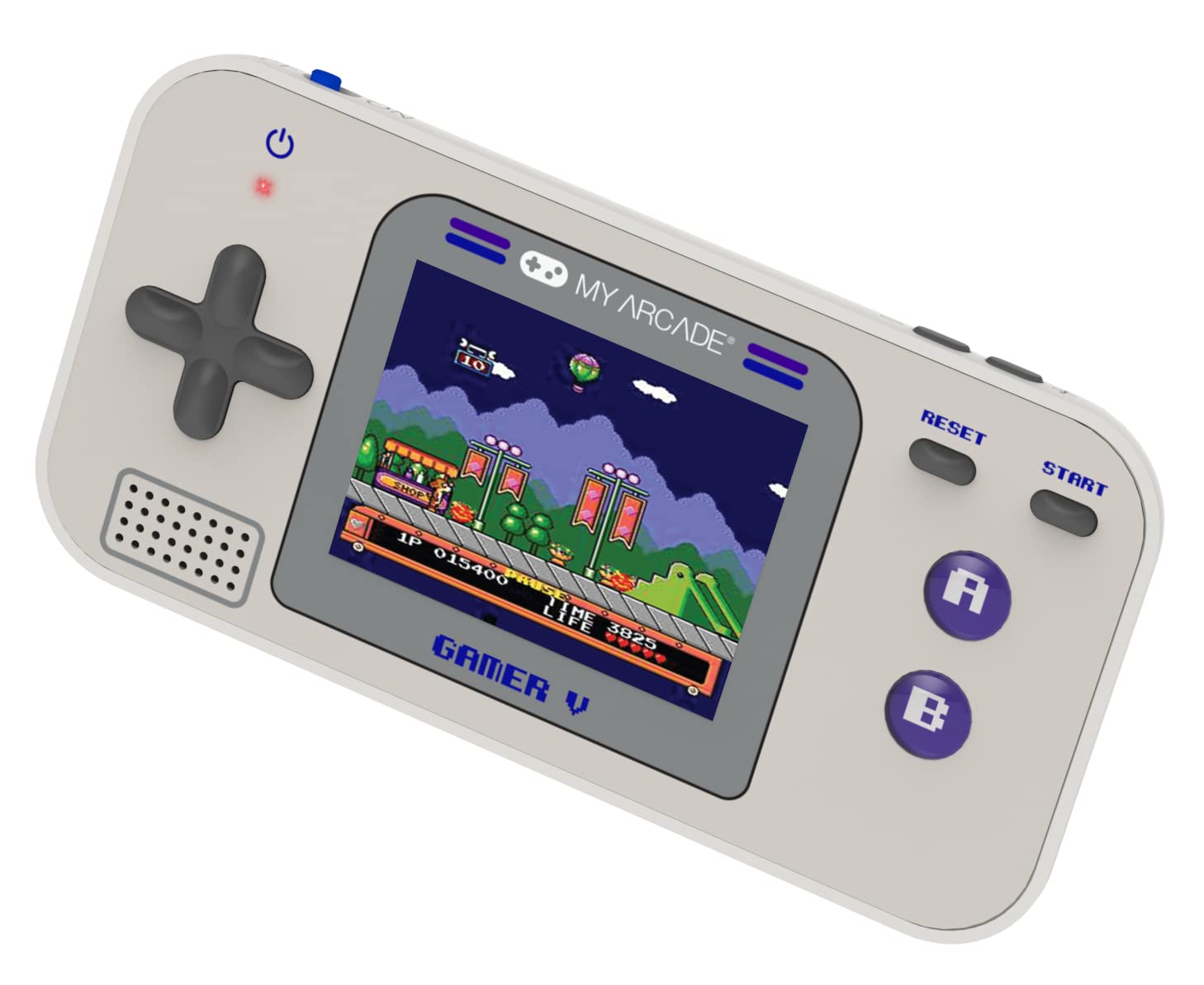 Close-up of the My Arcade Gamer V Classic showing the D-pad, A/B buttons, Start, Reset, and Home buttons.