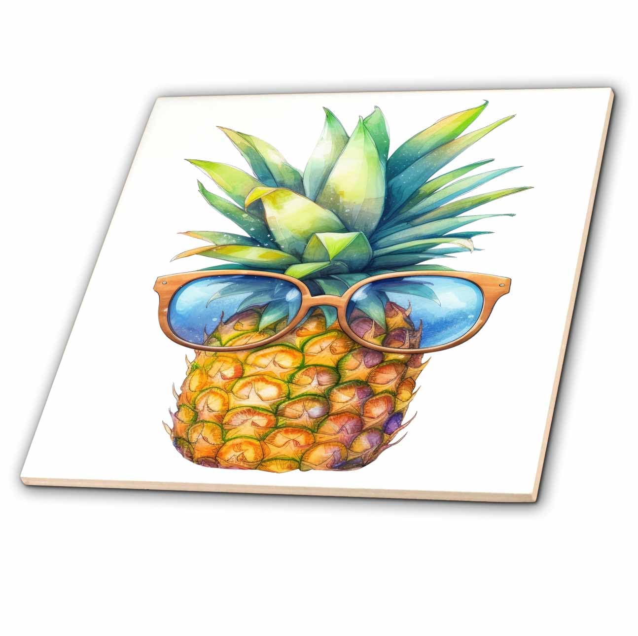 8 Inch Glass Tile - Summer Pineapple with Sunglasses Illustration Illustrations