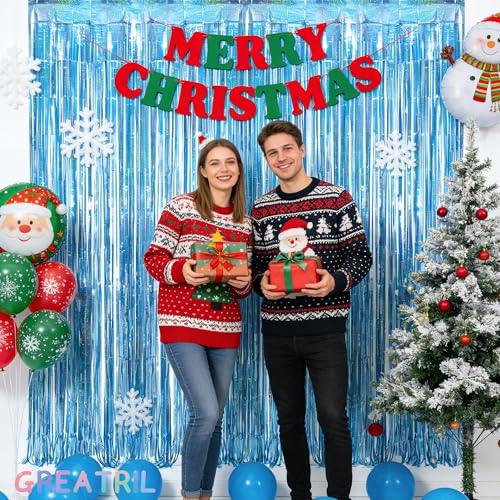 Image of Blue Tinsel Curtain Party Backdrop - GREATRIL Foil Curtain Party Photo Streamers Backdrop for Frozen /Mermaid /Under Sea /Baby Party Decorations - Pack of 2