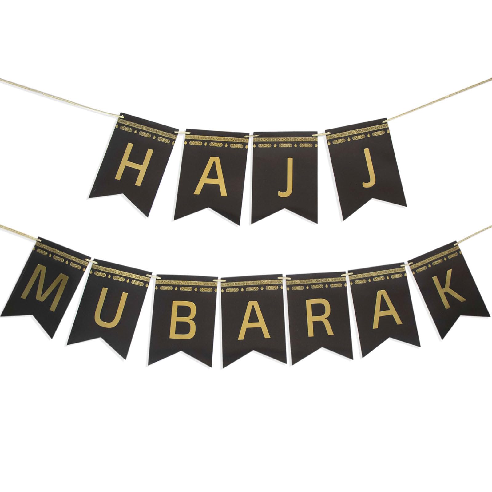 Hajj Mubarak Bunting Banner for Hajj Mubarak Decorations, Black and Gold Double-sided Printed Bunting Ramadan Banner for Islamic Party Supplies Muslim Eid Festival Home Window Decor