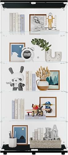 HomVent Vitrina de cristal con puertas, gabinete moderno de cristal para arquitectura/modelo/juguetes/colección, vitrina de 5 estantes con negro
