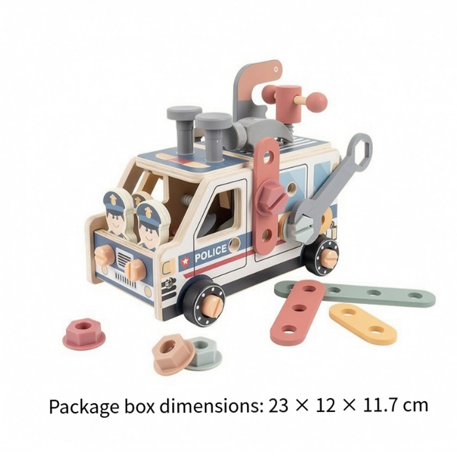 Werkzeugset für Kinder, Konstruktionsspielzeug, Geschenkset, Rollenspiel LKW, Lernwerkzeugset Aus Holz für Kinder, Polizeiwagen