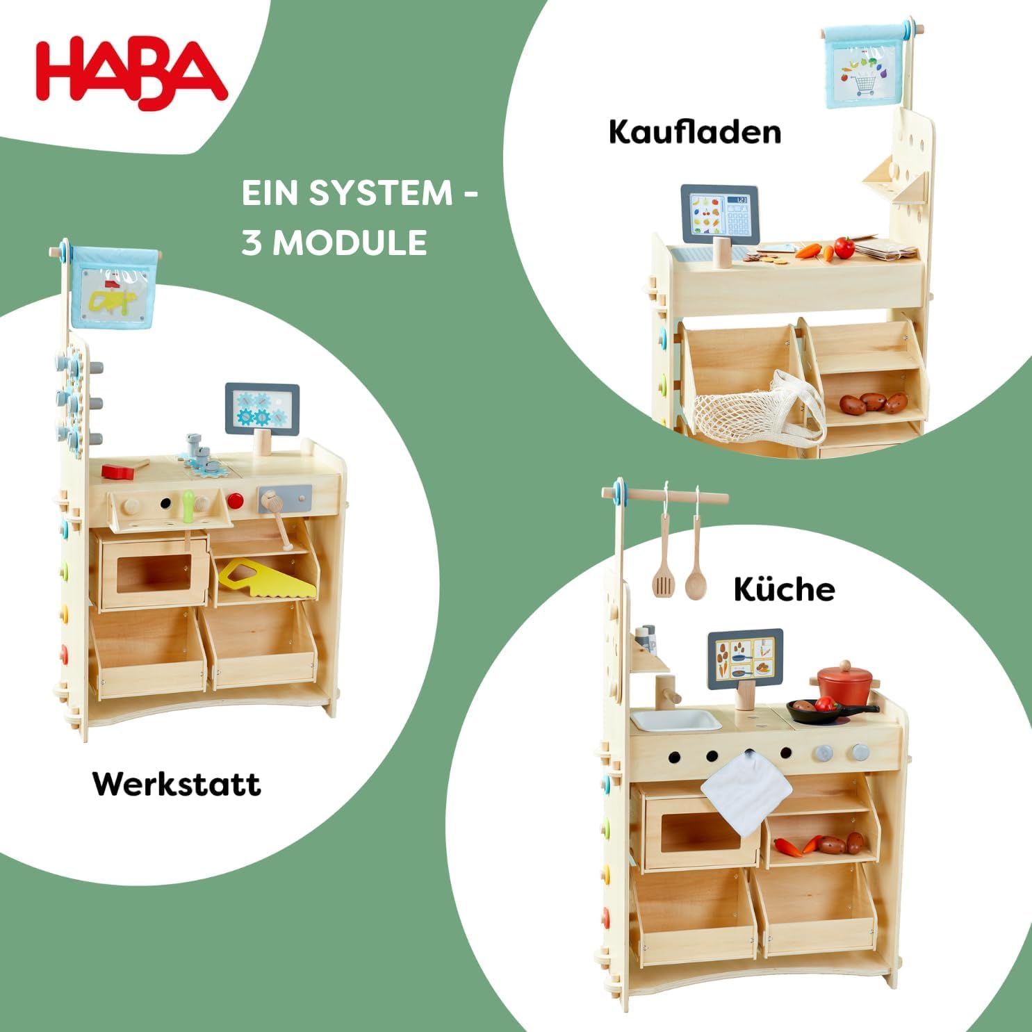 HABA Creative Play 3 in 1 - Spielküche, Kaufladen & Werkstatt für Kinder ab 3 Jahren - Werkzeugloser Aufbau & Einfacher Wechsel - 2011830001