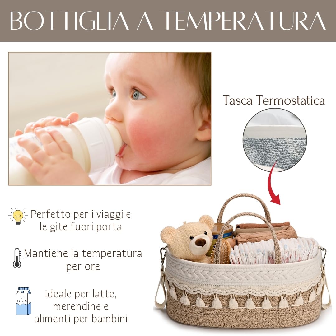 SEBRAM Organizer Fasciatoio per Neonati – Organizer Pannolini Beige Boho, Cesta Fasciatoio Neonato con Tracolla Regolabile & Tasche Termiche/Include maniglie bianche (vedi video)