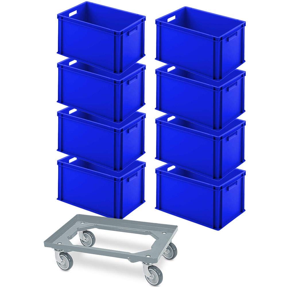 BRB Komplettset Schwerlast-Transportroller + 8x Eurobox 600x400x320mm, blau