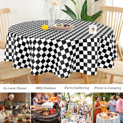 Image of Mulbozy 2 Pcs Checkered Round Plastic Tablecloth, 84 inches Disposable