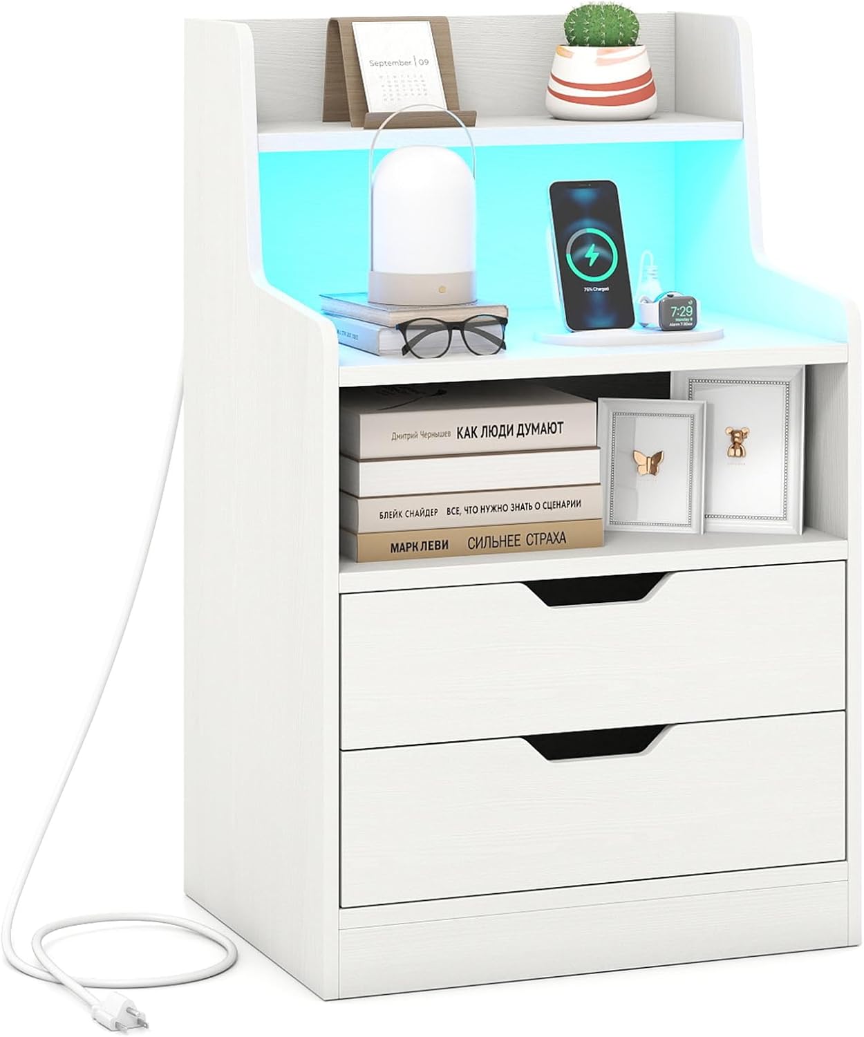 Giantex LED Night Stand with Charging Station, End Side Table w/Open Shelves, 2 Storage Drawers, Cable Holes, Nightstand w/Adjustable Light Color & Mode, Modern Bedside Table for Bedroom (1, White)