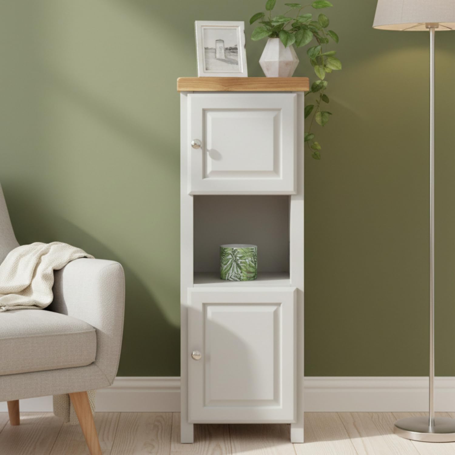 GROFurniture Tall Painted Slim Cabinet Grey, Hallway Storage or Livingroom Unit, Corner Display Unit with Shelf, Freestanding Tall Bathroom Cabinet Storage Organiser