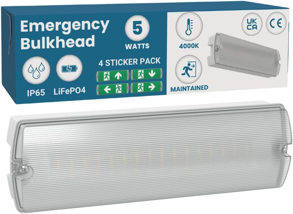 LightHub LED IP65 3hr Emergency Maintained/Non-Maintained Bulkhead Fire Safety Light Fitting with Exit Legends [Energy Class A+]