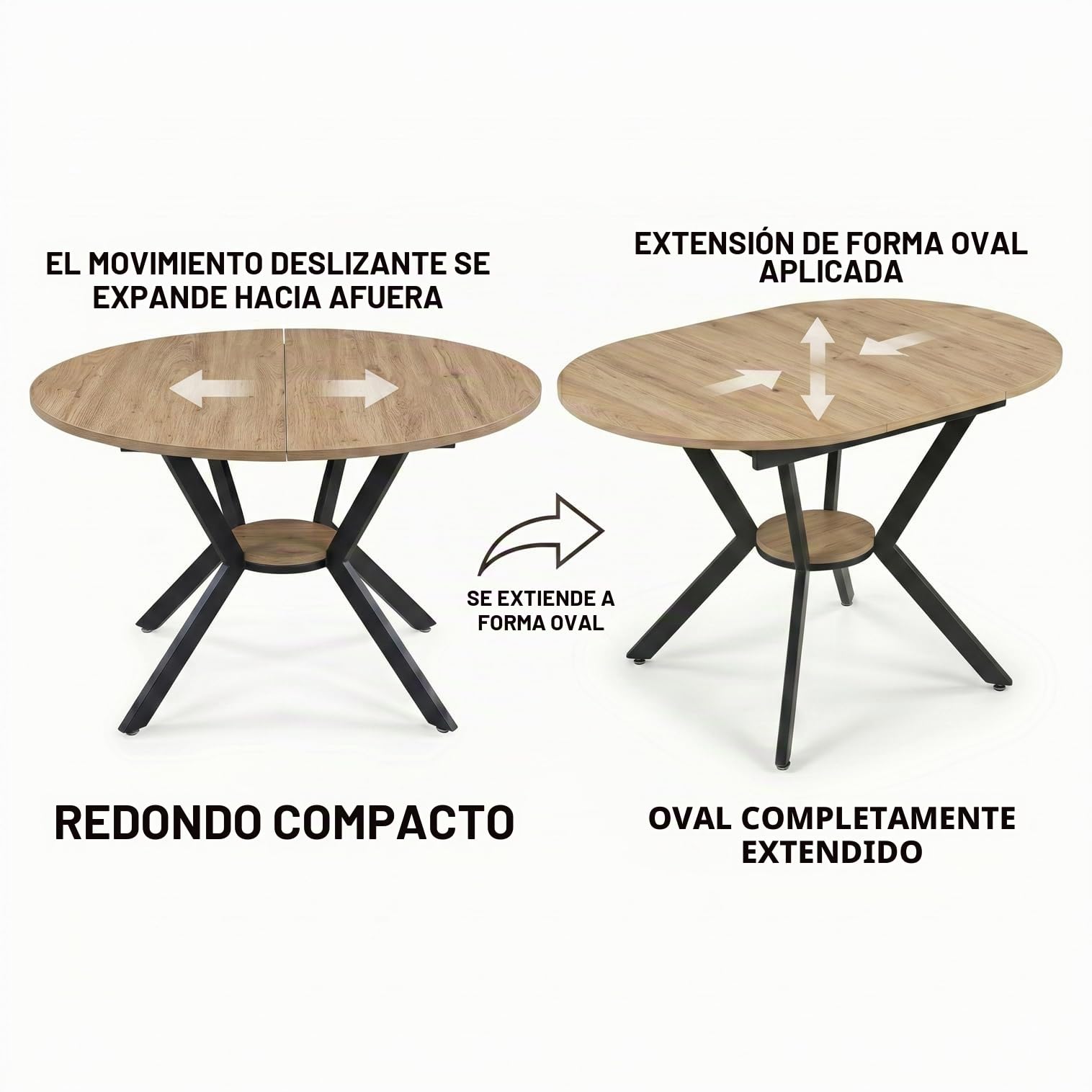 Mesa de comedor extensible con tablero de fibra de densidad media, mesa de comedor ovalada con patas de metal en forma de X, mesa de comedor redonda extensible con estante central para cocina