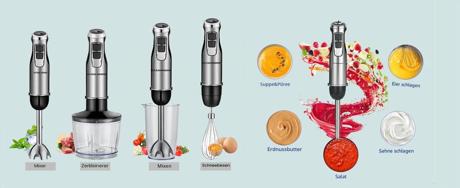 Stabmixer 800W 4-IN-1 mit 6 Stufen & Turbo – für Smoothies, Babybrei & Suppen