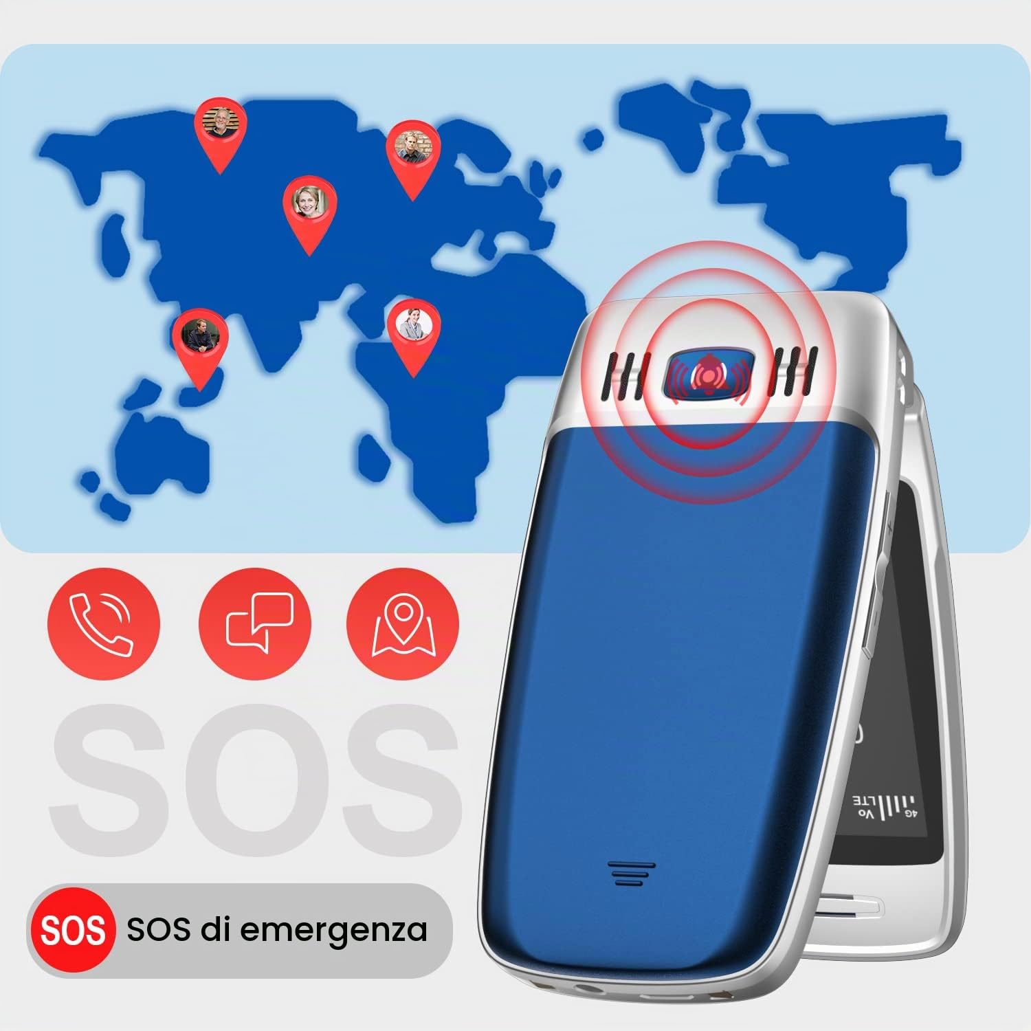 Easyfone T300 4G Telefono Cellulare a conchiglia per Anziani con Tasti Grandi, Funzione SOS, Compatibile con Apparecchi Acustici, Chiamata Rapida, 1500mAh Batteria e Base di ricarica (Blu)