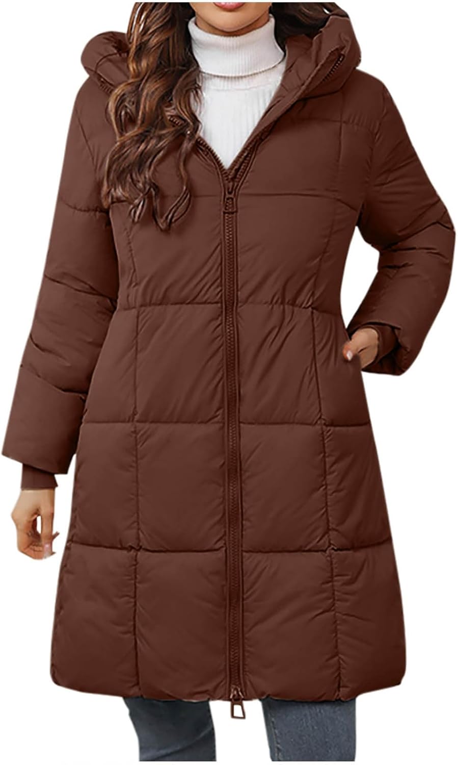 Women's Hooded Long Puffer Coat Winter Warm Full Zip Lightweight Quilted Jacket Thicken Windproof Outerwear Pockets