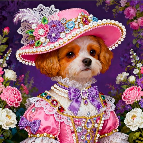 jinglinhh DIY Diamond Art Pearl Painting Kits Top Hat Court Dress Dog Flowers, Crystal Rhinestones Beaded Art Kit for Adults Beginners, Diamond Gem Pearl Paintings Arts Craft With Frame 9.84x9.84 inch