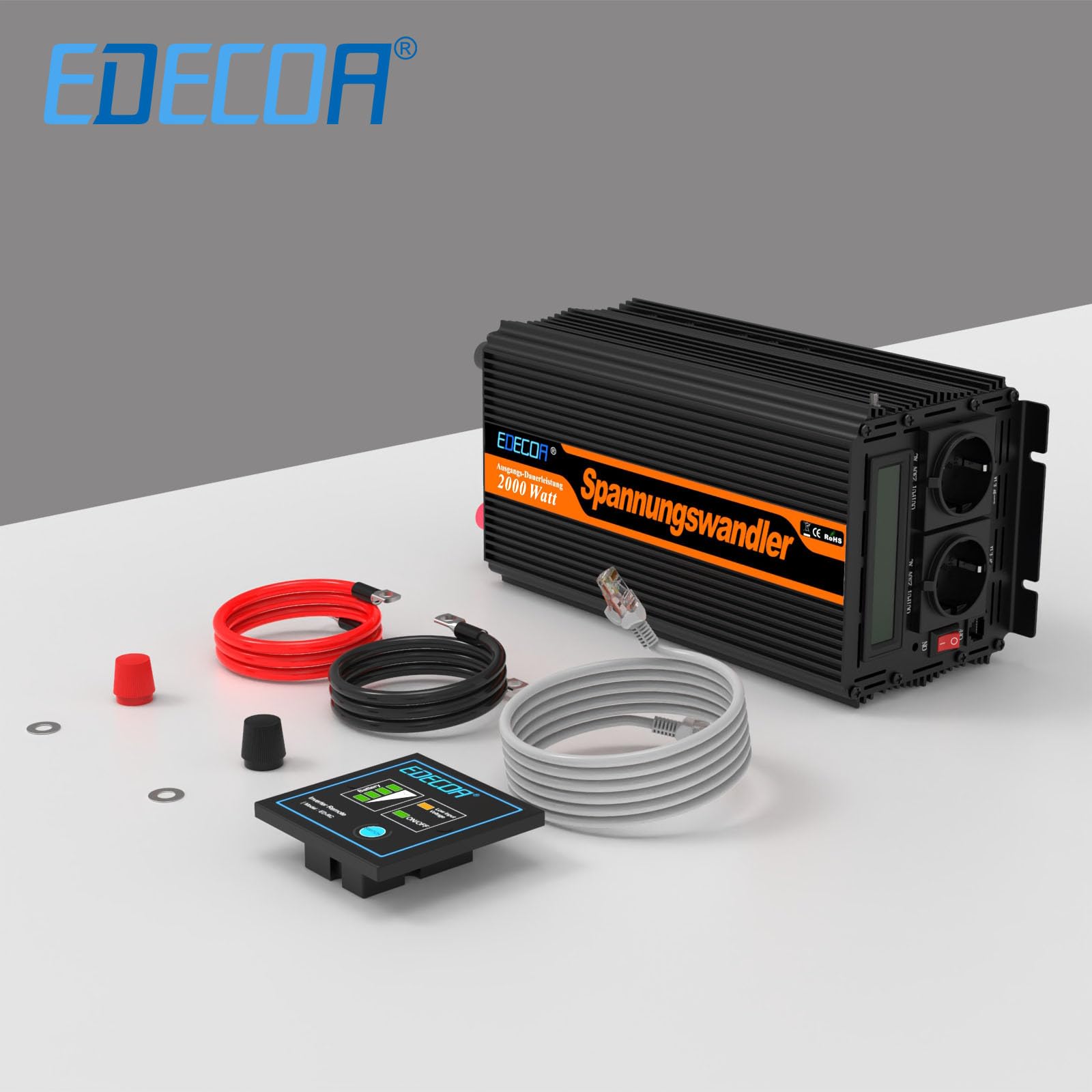 EDECOA Inverter 2000w convertisseur de tension 24v 230v onduleur sinusoïdal modifié 24v 220v LCD avec télécommande et deux ports USB