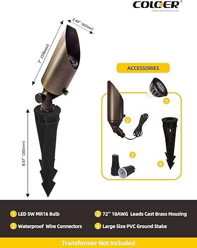 Miniatura 4 de COLOER Focos de paisaje de latón fundido a presión, paquete de 6 focos para exteriores con kit de bombilla LED MR16 de 5 W, estaca de tierra