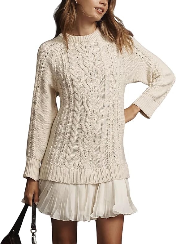 Womens Cable Knit Sweater Dress Crewneck Long Sleeve Pleated Twofer Style Patchwork Casual Mini Dress