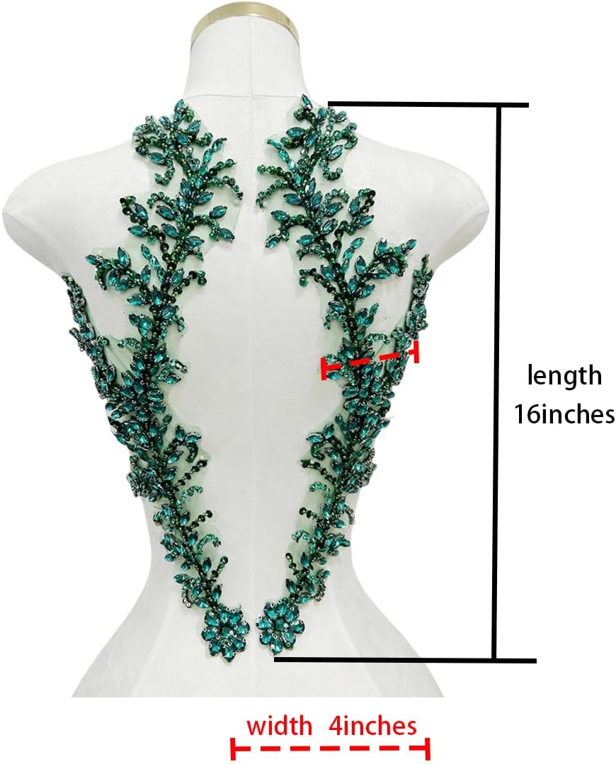 Handmade Beaded Crystal Patches with Rhinestone Applique Designs for Prom Formal Dress 1pair/Bag (Deepgreen)