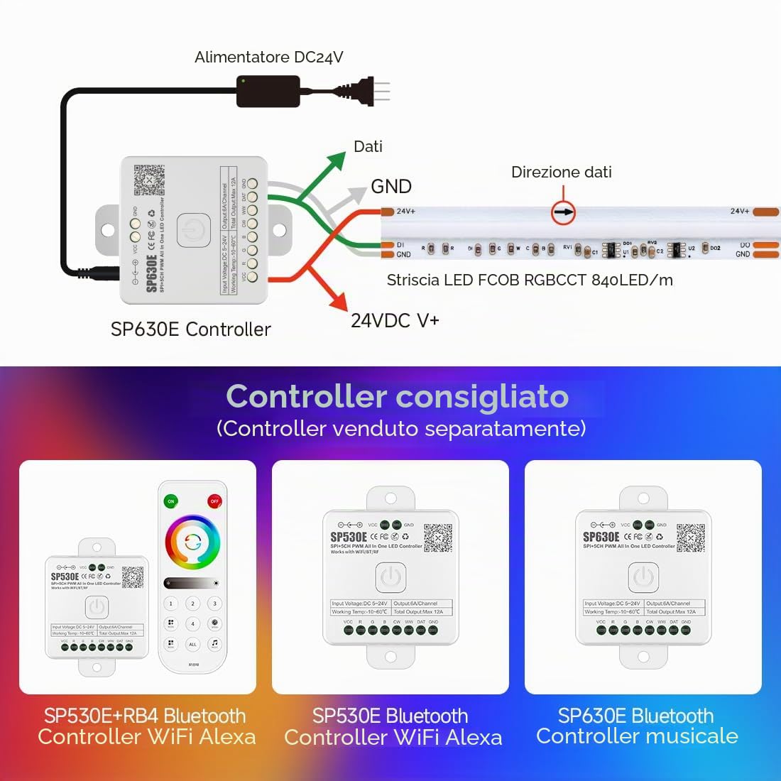FCOB COB WS2811 Indirizzabile Doppio IC RGBCCT Striscia LED 5M IP30 10mm CE | RGB Smart IC+CCT Bianco Regolabile 3000K-6000K 24V 840LEDs/m flessibile alta densità per DIY(Non Alimentazione Controller)