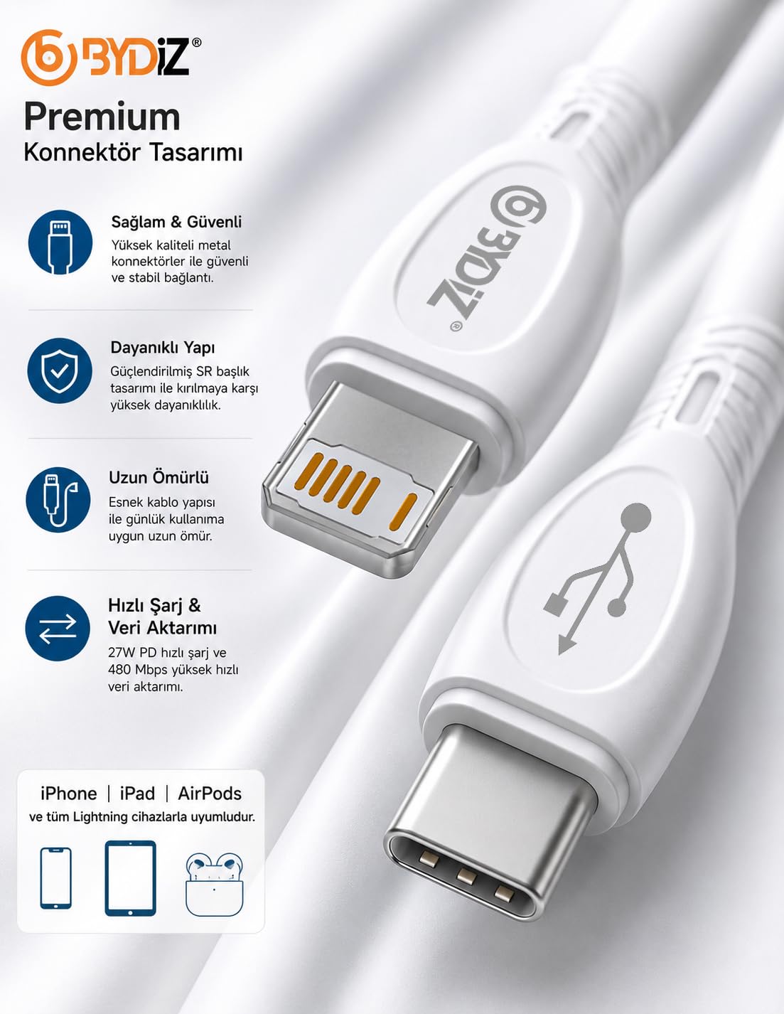 ByDiz iPhone USB-C to Lightning Hızlı Şarj Kablosu Type-C PD Destekli 14/13/12/11 Pro Max Xs Max XR X AirPods Pro Uyumlu - Yeni Nesil Akıllı Çip (iOS Uyumlu)