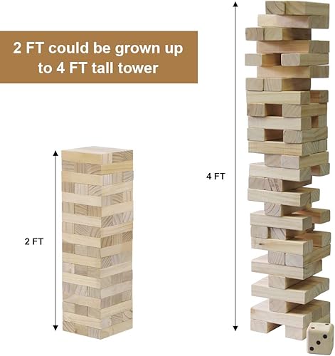 Miniatura 10 de Juegoal Torre gigante de 54 piezas marrón para adultos y niños, juego de apilamiento de bloques de madera con tablero de juego y bolsa de lona,