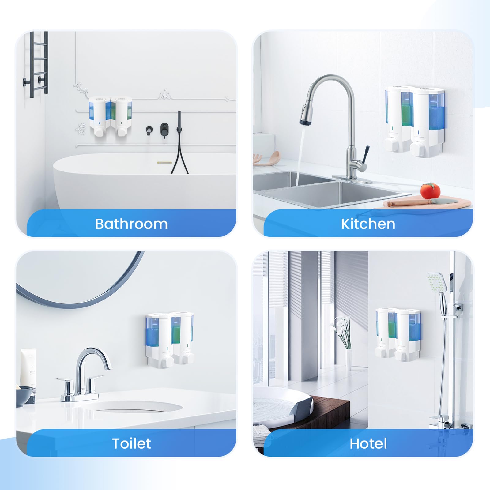 Dispensador de jabón de ducha, 2 cámaras de 350 ml, 2 dispensadores de champú y acondicionador, sin taladro, dispensador de champú montado en la pared para ducha, dispensador de ducha montado en la