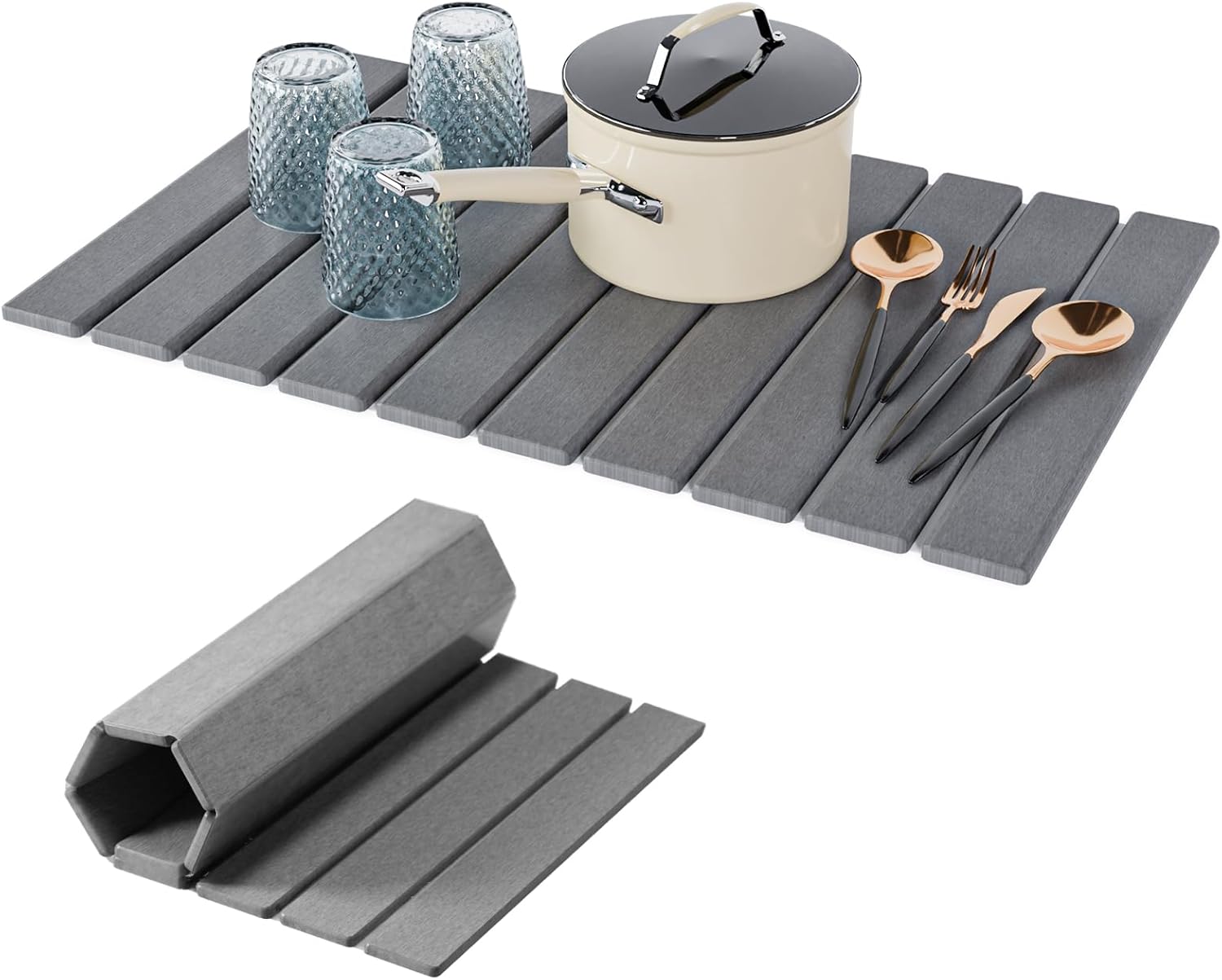 Dish Drying Mat for Kitchen Counter, 24" × 16" Large Stone Drying Mat, Foldable Quick Dry Stone Mats, Ultra Absorbent Diatomaceous Earth Dish Mat for Dishes, Bottles, Cups, Light Gray