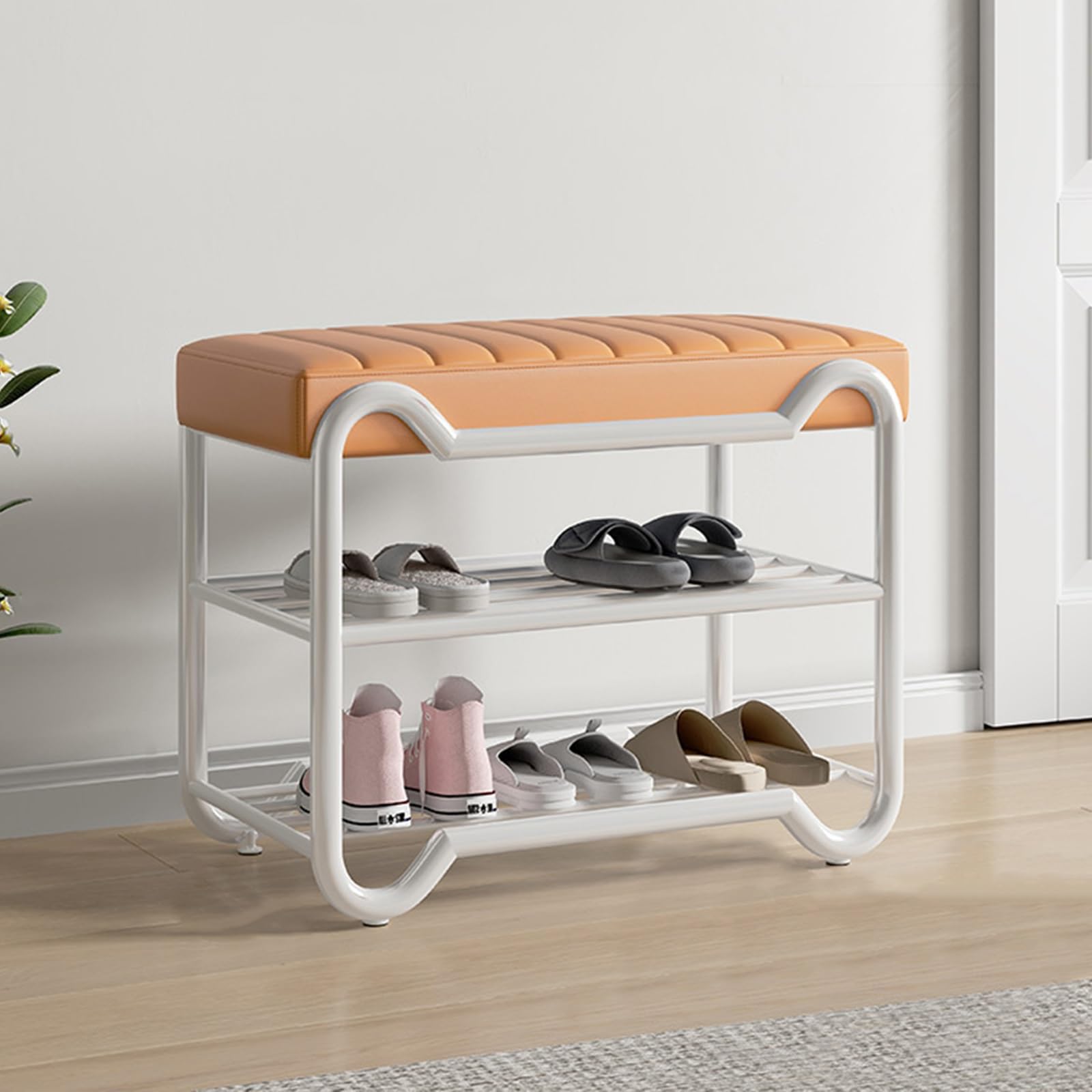 Banc à chaussures en métal rose et blanc 3 niveaux avec assise cuir synthétique 70 cm