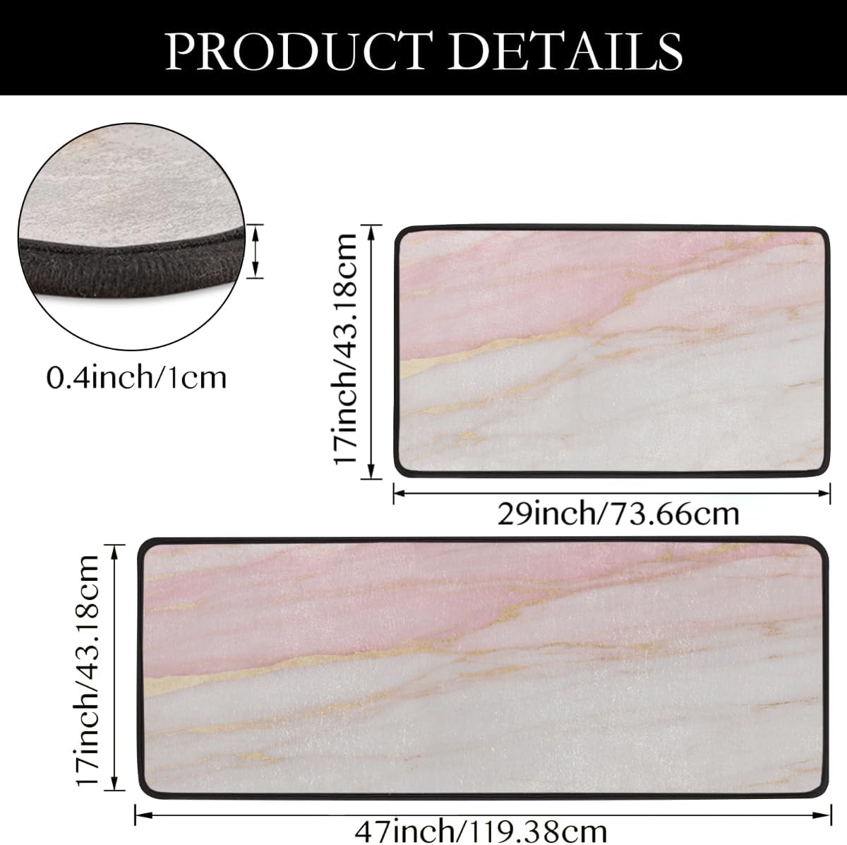 Anti Fatigue Rose Gold Marble Kitchen Mats for Floor 2 Piece Set, Waterproof Non Slip Boho Kitchen Floor Rugs, Comfort Standing Mat for Sink Laundry & Home Kitchen 17"x47"+17"x29"