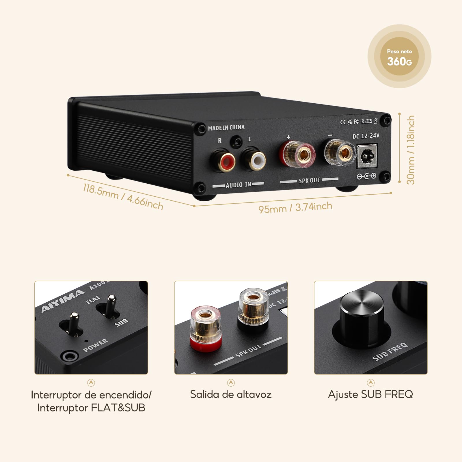 Amplificador Subwoofer Mono AIYIMA A1001 100W TPA3116,Control de Frecuencia