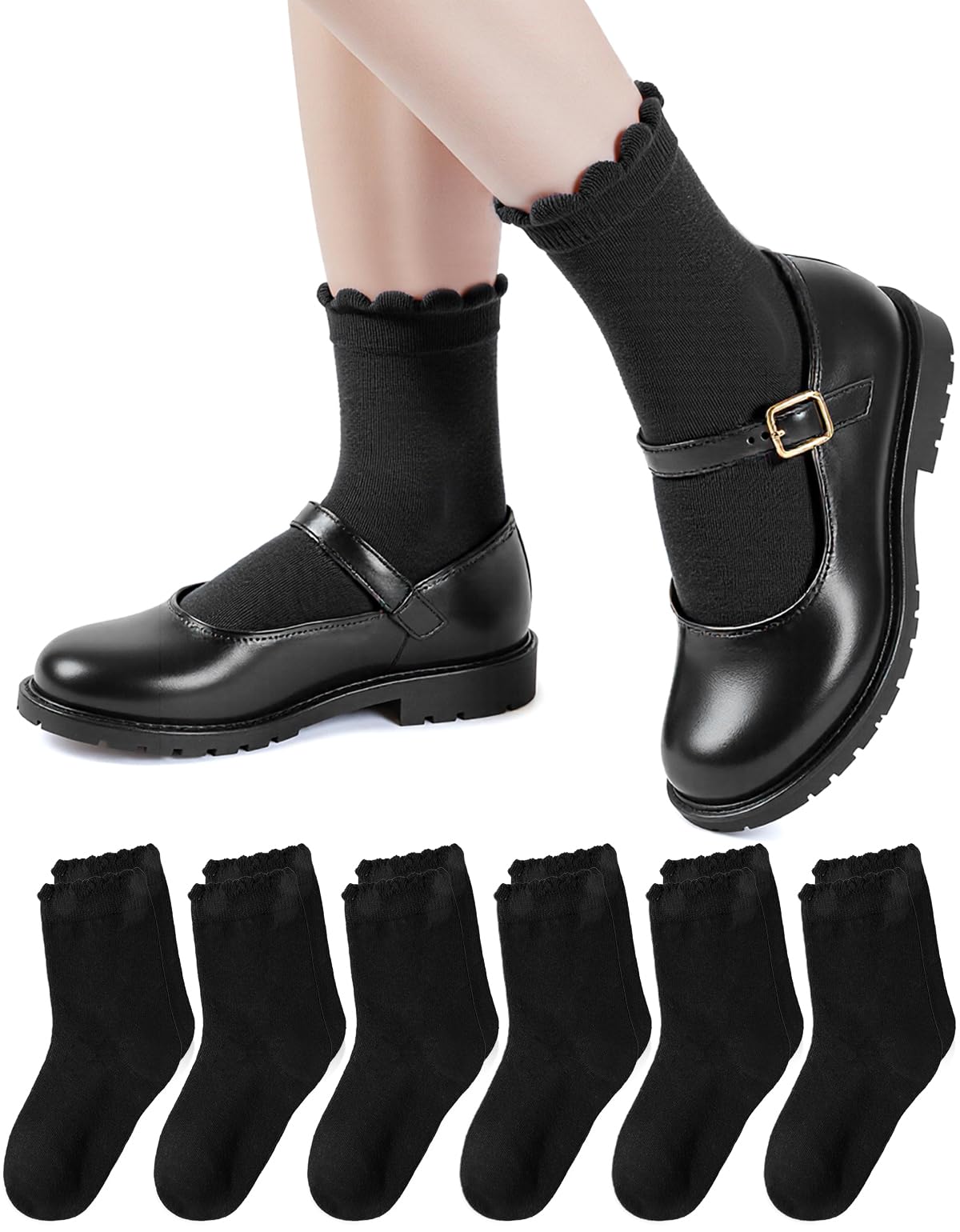 HONGTEYA6 Pairs Girls White Ruffle Socks School Uniform Dress Socks for Kids Seamless Crew Ankle Cotton Size 4-10 Years