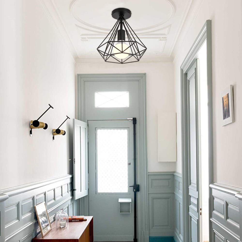 iDEGU 2 pack Plafonniers Rétro Industriel Ø20cm Luminaire Abat-jour en Metal Design Cage Diamant Lustre Lampes de Plafond pour Chambre Salon Couloir Cuisine, Noir