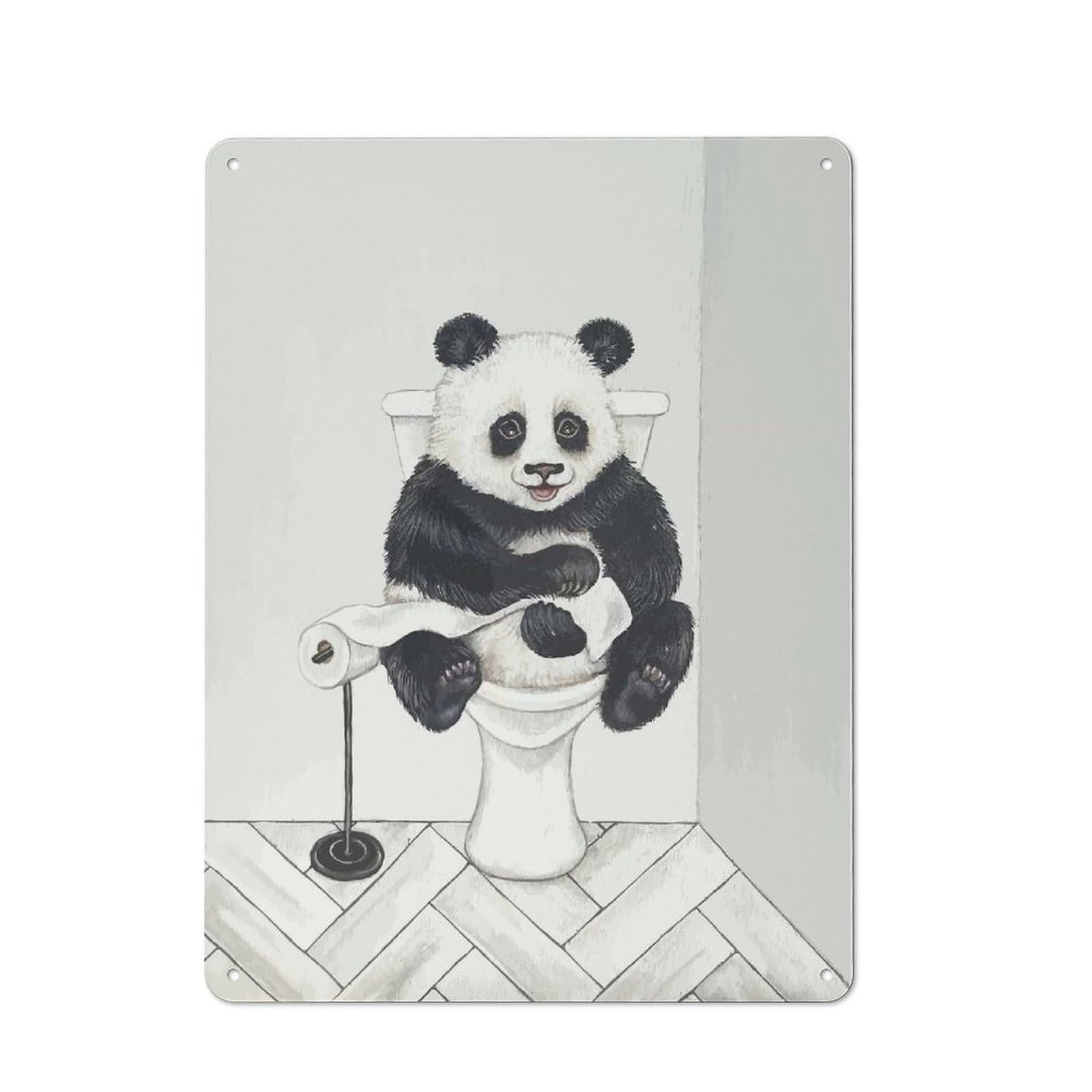 Panda on Toilet Watercolor Art Cottage Metal Wall Decor 40x30cm, Shed Metal Sign for Patio Bar, Workshop, Shed Or Kitchen
