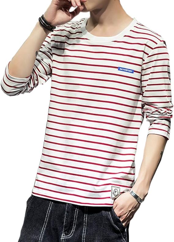 Amazon Tシャツ 長袖 メンズ ストライプ メンズtシャツ カットソー ファッション カジュアル ストライプtシャツ 柔らかい 細身 タイト Tシャツ 快適 春夏秋 Tシャツ カットソー 通販