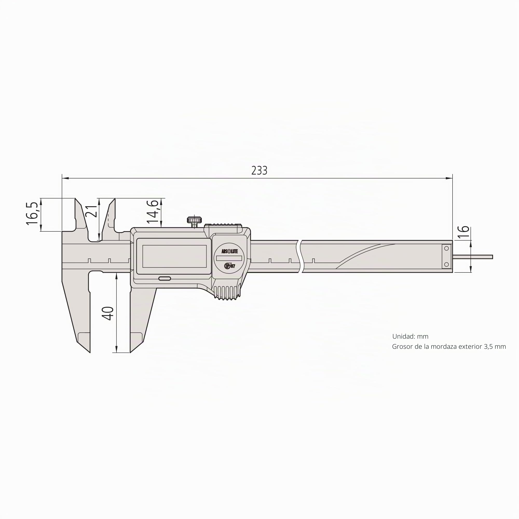 Mitutoyo - 709-20 Calibre digital sin salida de datos o polea de transmisión IP67 0-150 mm