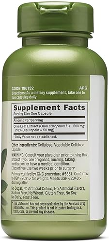 Miniatura 2 de GNC Herbal Plus Suplemento de hoja de olivo de 500 mg, vegetariano, apoya el bienestar general, 100 porciones