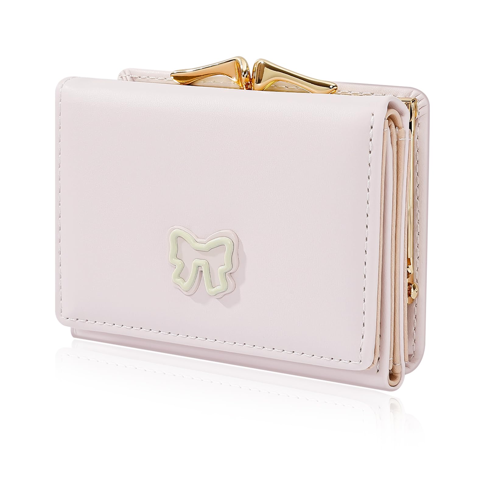 Denovin Small Wallets Woman, Cute Tri-fold Coquette Bow Wallet for Women, Credit Card Coin Holder Purse with Kiss-lock for Key Cash Change (Pink)